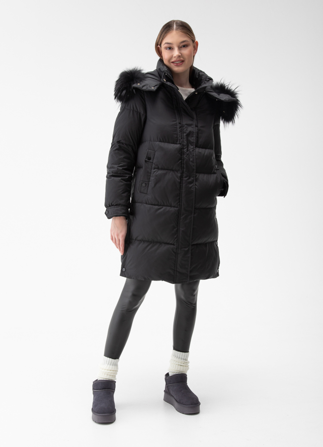 фото Женский пуховик с капюшоном из енота модель № 28879