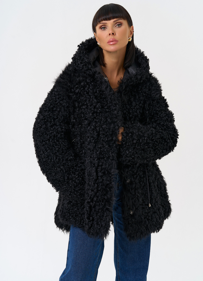 Женская двухсторонняя дубленка с капюшоном модель № 31481 в рассрочку