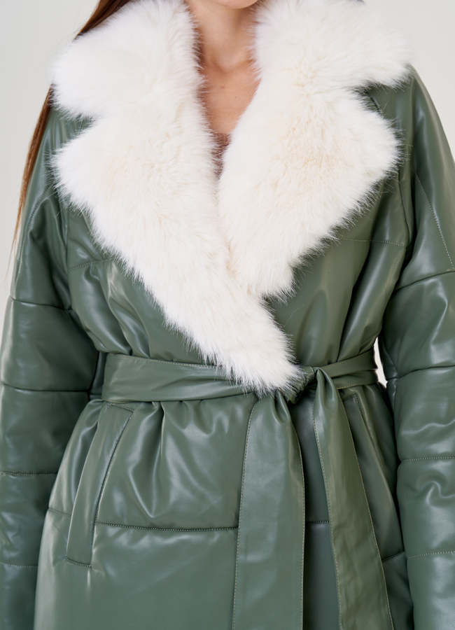 Женский классический пуховик Malina Siberian из эко кожи в зеленом цвете модель № 23365 в рассрочку