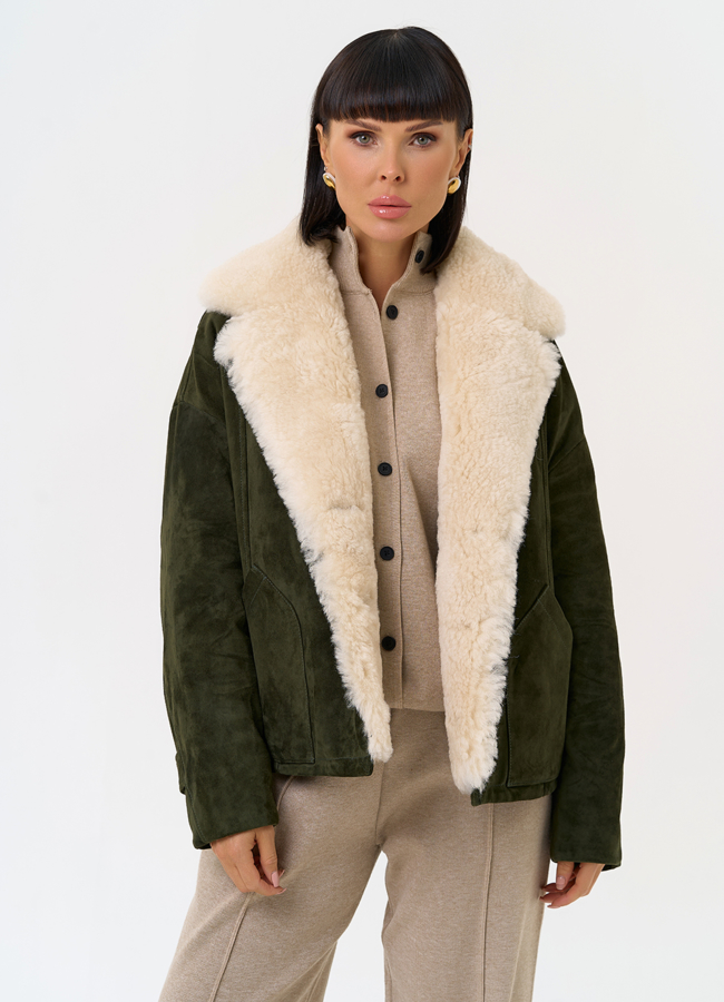 Пуховик из натуральной замши с английским воротником модель № 31565 универмаг малина