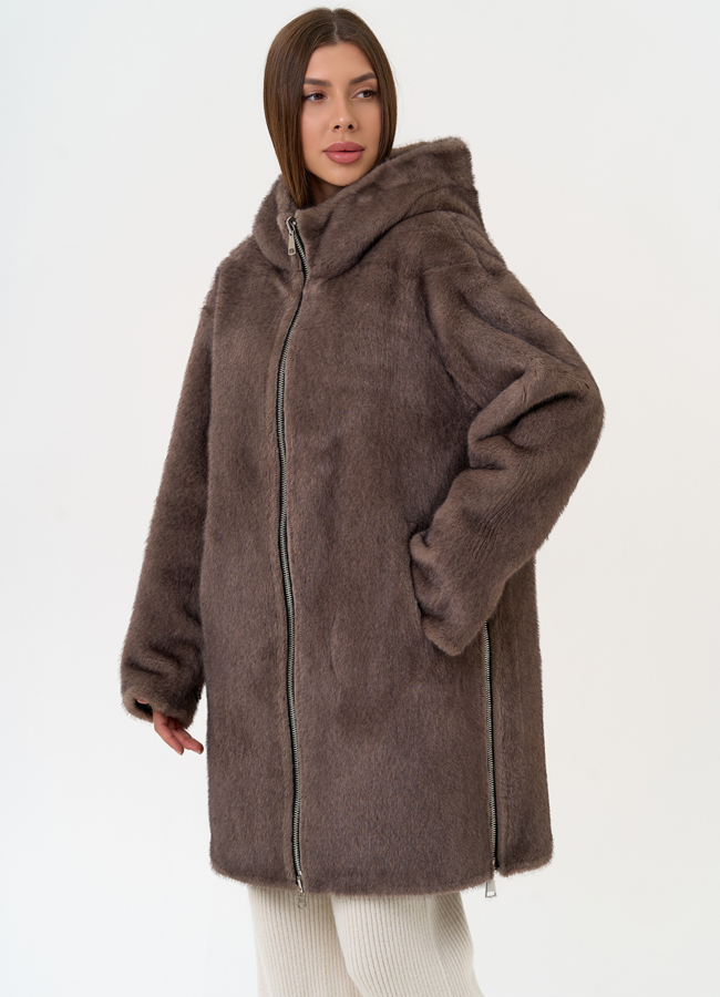 фото Женская двухсторонняя дубленка из эко замши с капюшоном модель № 31434