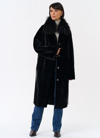 Женская двухстороняя дубленка с воротником из меха чернобурой лисы