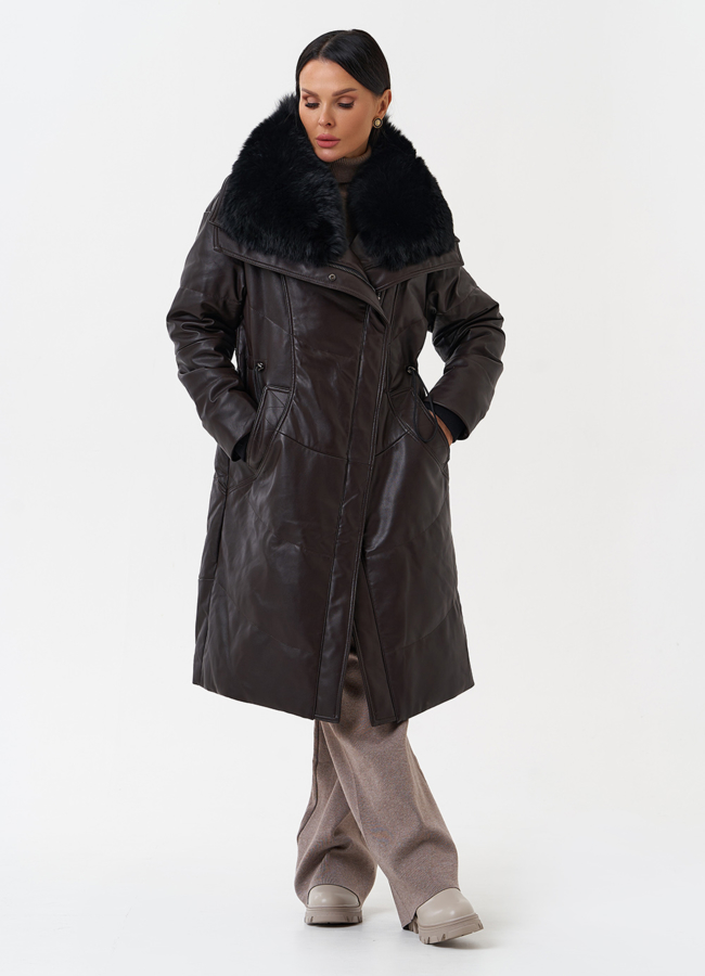 фото Женский кожаный пуховик с отделкой из натурального меха модель № 28918
