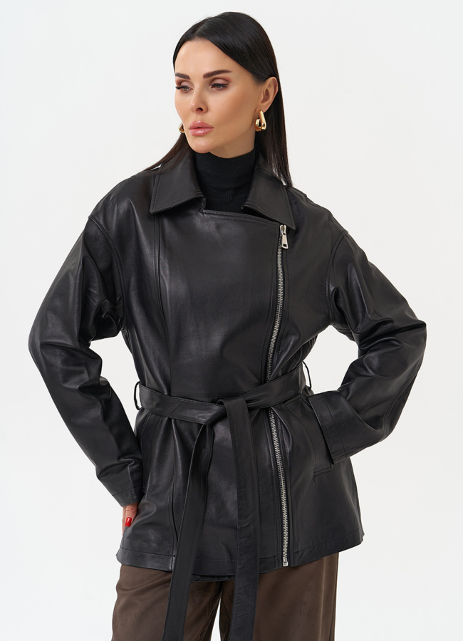 Куртка из натуральной кожи с поясом модель № 30160 меха малина