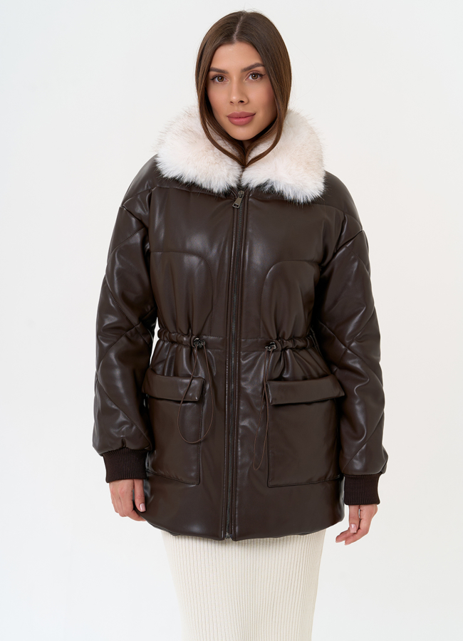 Женский пуховик из эко кожи с воротником из эко меха модель № 30722 меха малина