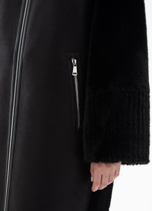 Женская двухсторонняя дубленка из эко кожи с воротником стойкой модель № 32027 универмаг малина