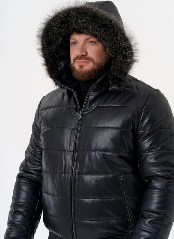 Пуховик из эко кожи черного цвета 