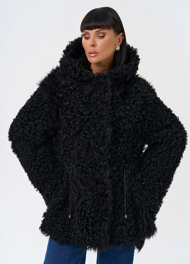 Женская двухсторонняя дубленка с капюшоном модель № 31481 меха малина