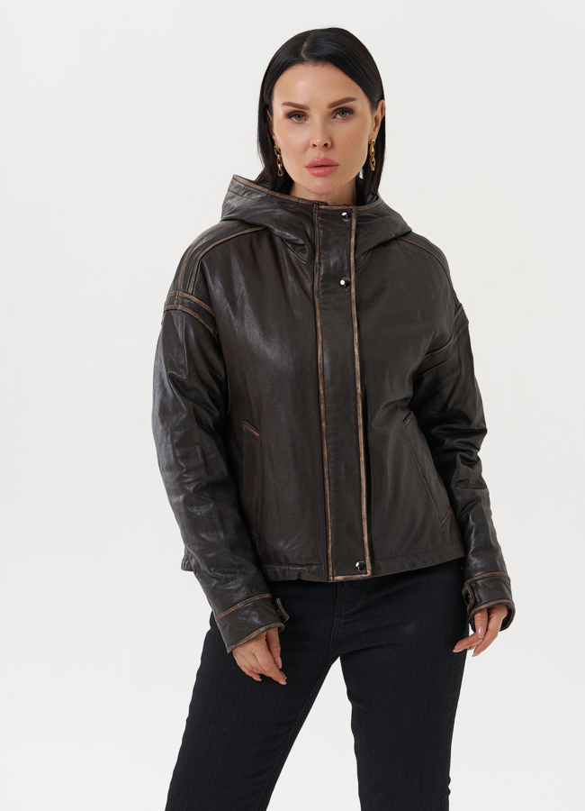 Куртка из натуральной кожи с капюшоном модель № 28115 в кредит