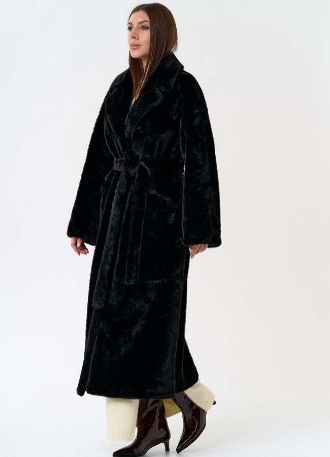 фото Длинное женское пальто из эко меха с английским воротником модель № 31220