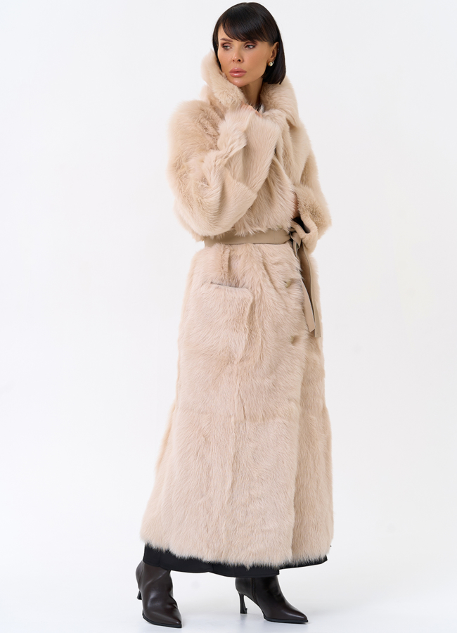 Женская двухсторонняя дубленка с поясом модель № 31929 универмаг малина