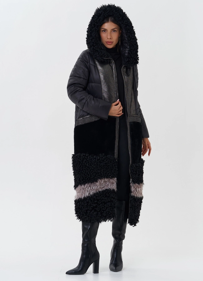 Комбинированный пуховик с капюшоном модель № 26913 в рассрочку