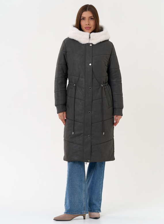 Женское пальто из эко кожи с капюшоном