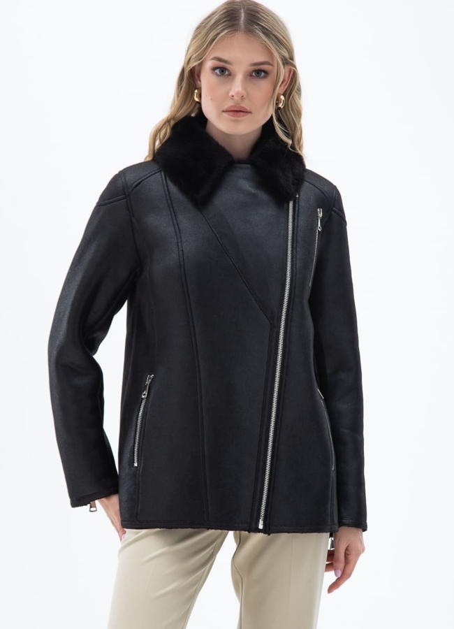 Женская дубленка из эко кожи с отделкой из эко меха модель № 32025 универмаг малина