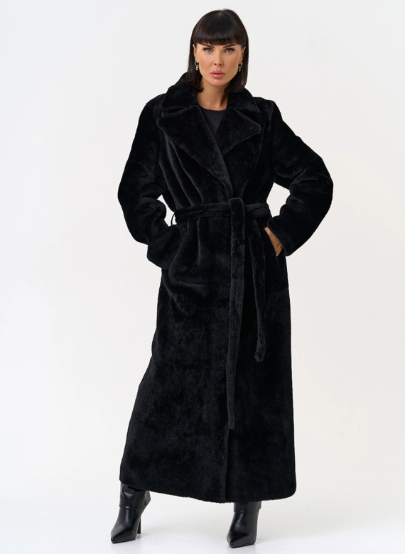 Женская натуральная дубленка с двойным поясом