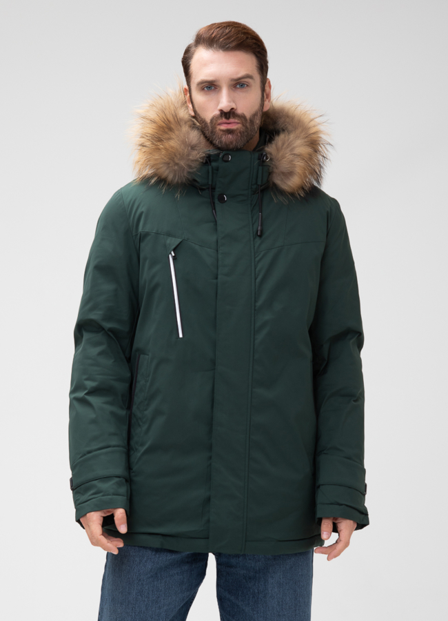 фото Мужской пуховик с капюшоном из меха енота модель № 28402