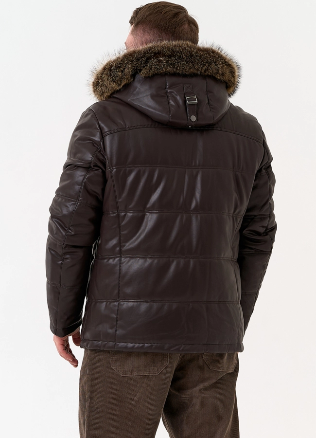 Пуховик из эко кожи с капюшоном из меха енота модель № 31721 в рассрочку