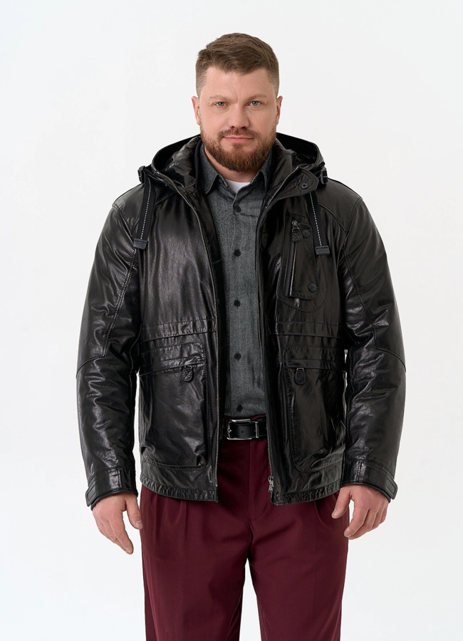 Мужская куртка из натуральной кожи с капюшоном модель № 32548 меха малина