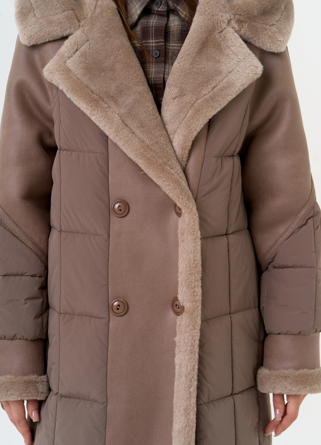 Комбинированный пуховик из эко кожи модель № 31693 универмаг малина