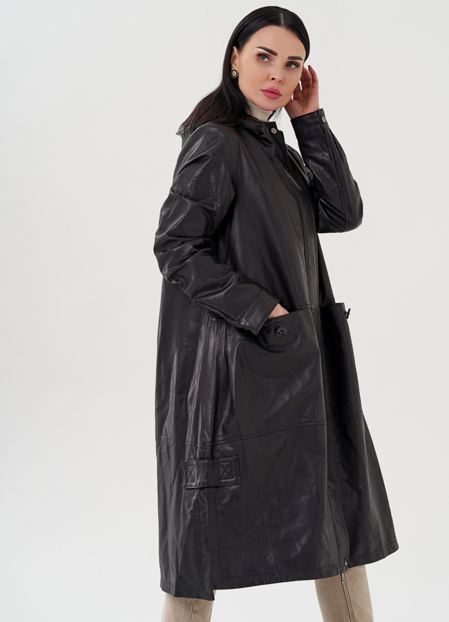 Длинный кожаный плащ с капюшоном модель № 24094 универмаг малина