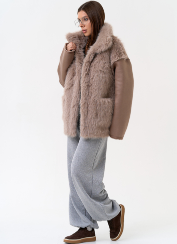 Женская дубленка из эко замши с отделкой из эко меха