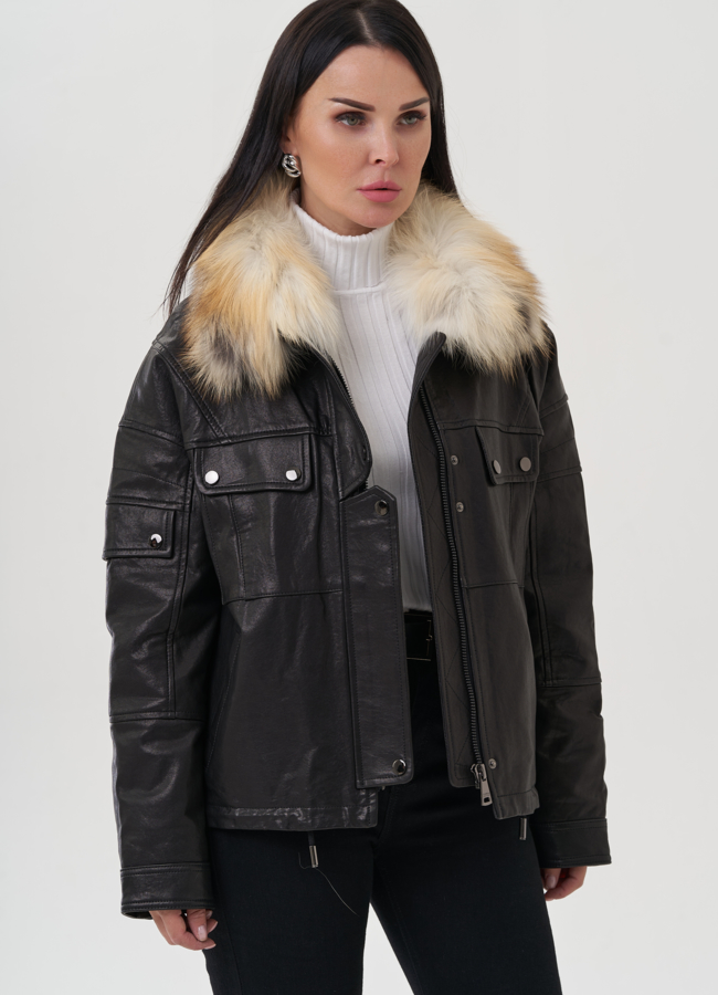 Женская куртка из натуральной кожи с отделкой из меха лисы модель № 25373 в рассрочку