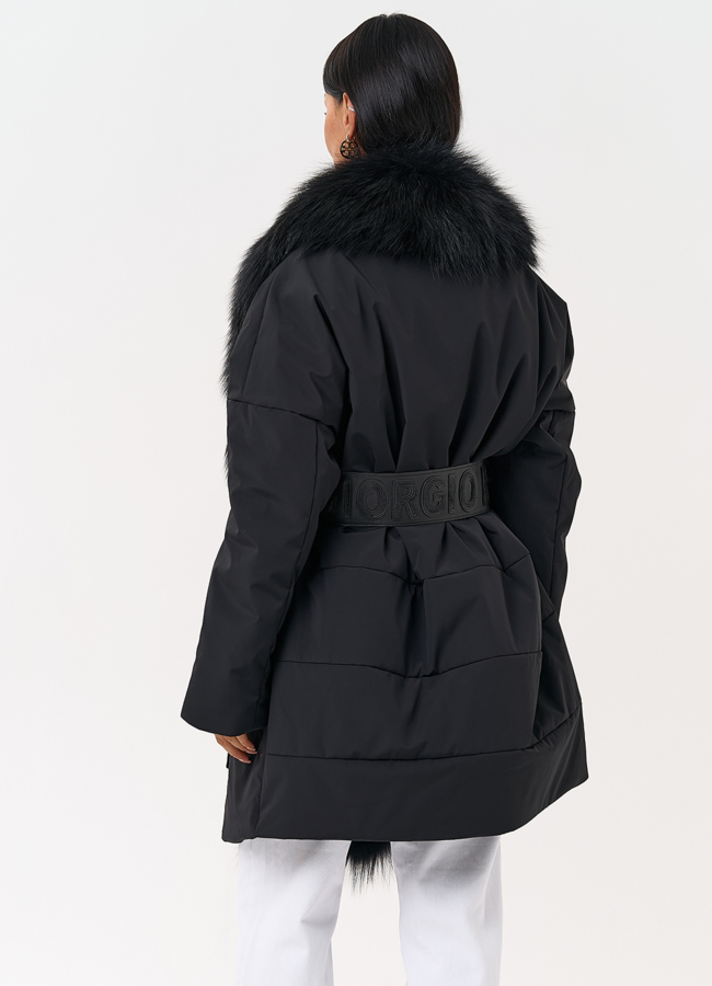 Женское зимнее полупальто черного цвета с мехом лисы модель № 31406 универмаг малина