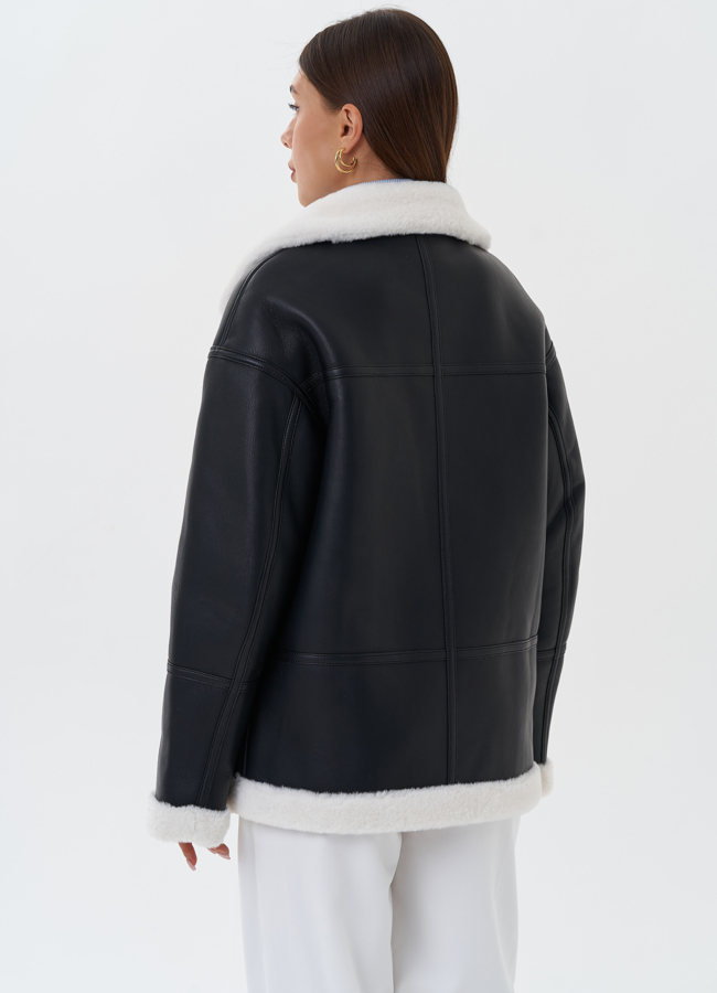 Дубленка из эко кожи черного цвета с черным эко мехом модель № 27693 универмаг малина