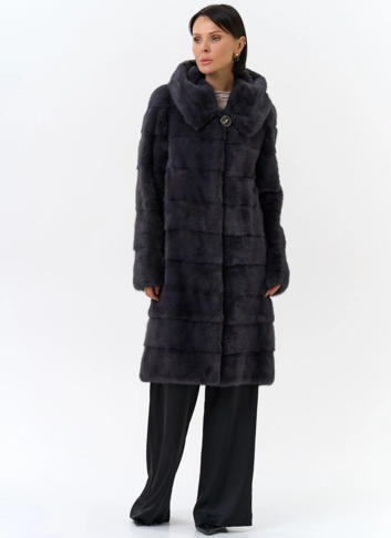 Норковая шуба в цвете графит с капюшоном  фото