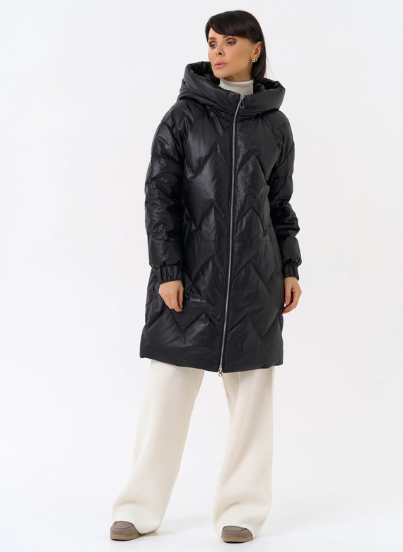 Длинный пуховик из кожи