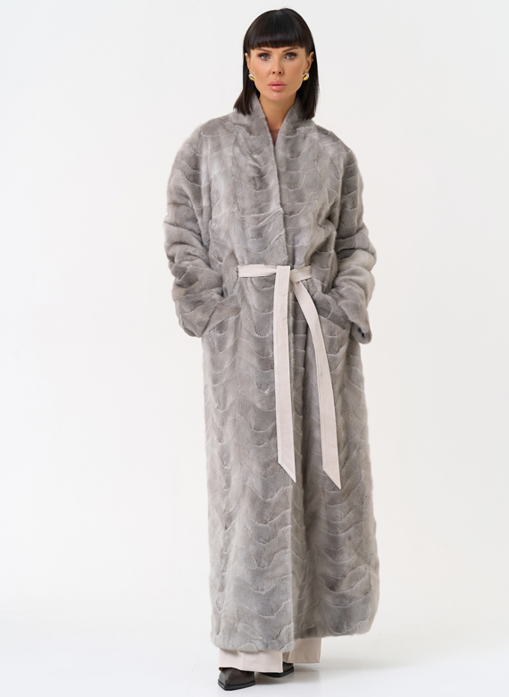 Длинная шуба из меха норки с поясом