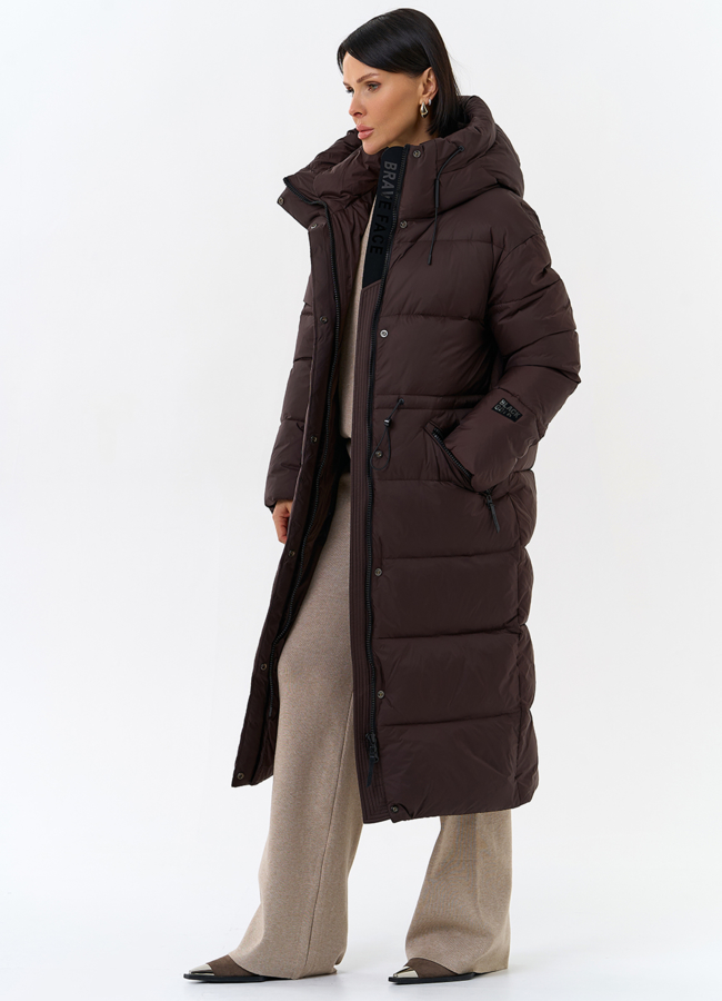 Женский пуховик коричневого цвета с капюшоном модель № 31936 универмаг малина