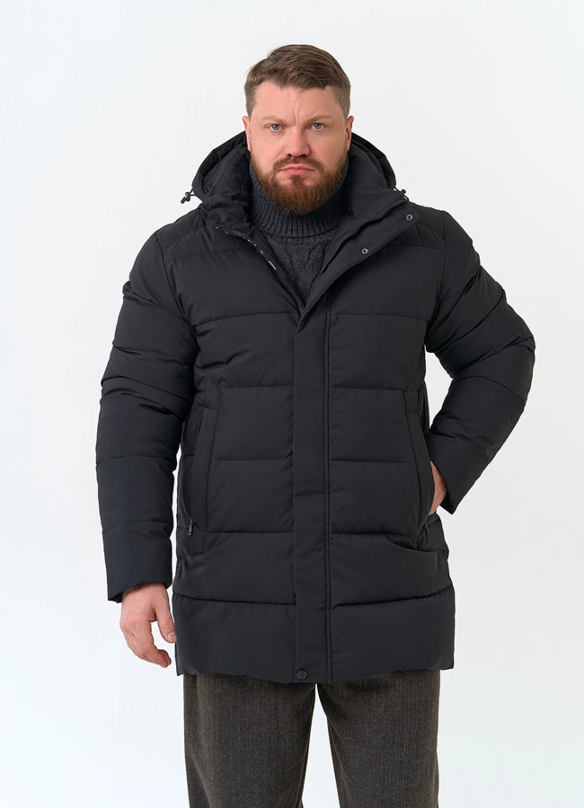 Мужской удлиненный пуховик с капюшоном модель № 34073 меха малина фото