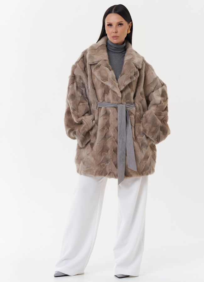 фото Шуба из меха скандинавской норки с поясом модель № 27626